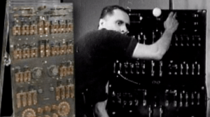 Kenneth Strickfaden shown adjusting one of his electrical props